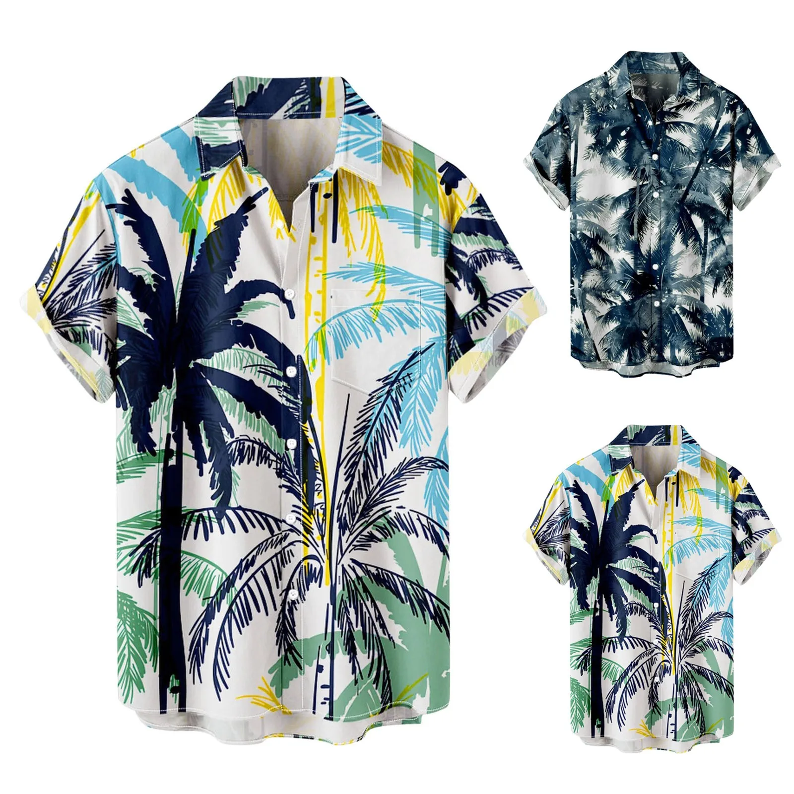 

Пляжная рубашка с принтом кокосового дерева гавайская рубашка с коротким рукавом отложным воротником хлопковая льняная блузка на пуговицах пляжный повседневный мужской кардиган