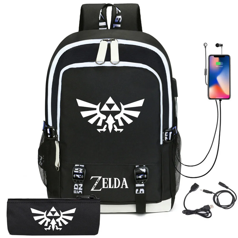 The Legend of Zelda Wild Breath Anime USB Backpack School Book Bags Travel Bag Laptop Headphone Port Mochila With Pencil Case