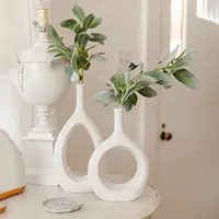 White Ceramic Vase Set of 2 Modern Decorative Hollow Oval Design Geometric Vases for Kitchen Office Table Home Centerpiece