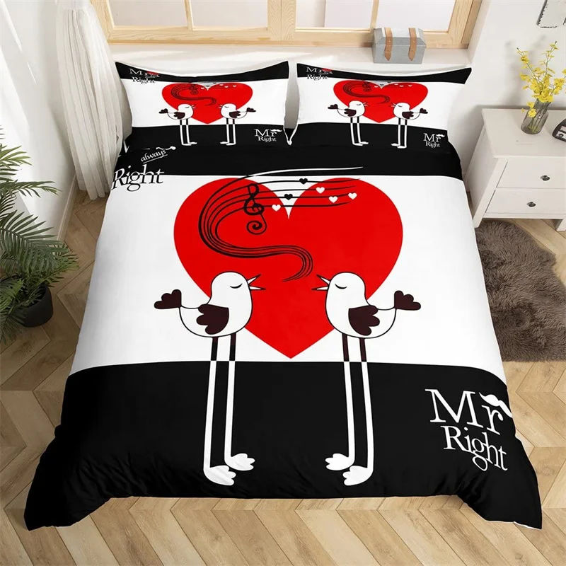 

Romantic Wedding Theme Bedding Set Microfiber Funny Quotes Love Heart Happiness Love Birds Quilt Cover Mr Mrs Duvet Cover Couple