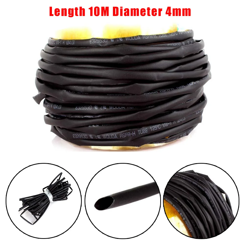 

10M Heat Shrinkable Tube Shrink Dia 4mm Tubing Black Wire Wrap -55-125 Degree 600 V Polyolefin Insulated Cable Sleeve Tubes