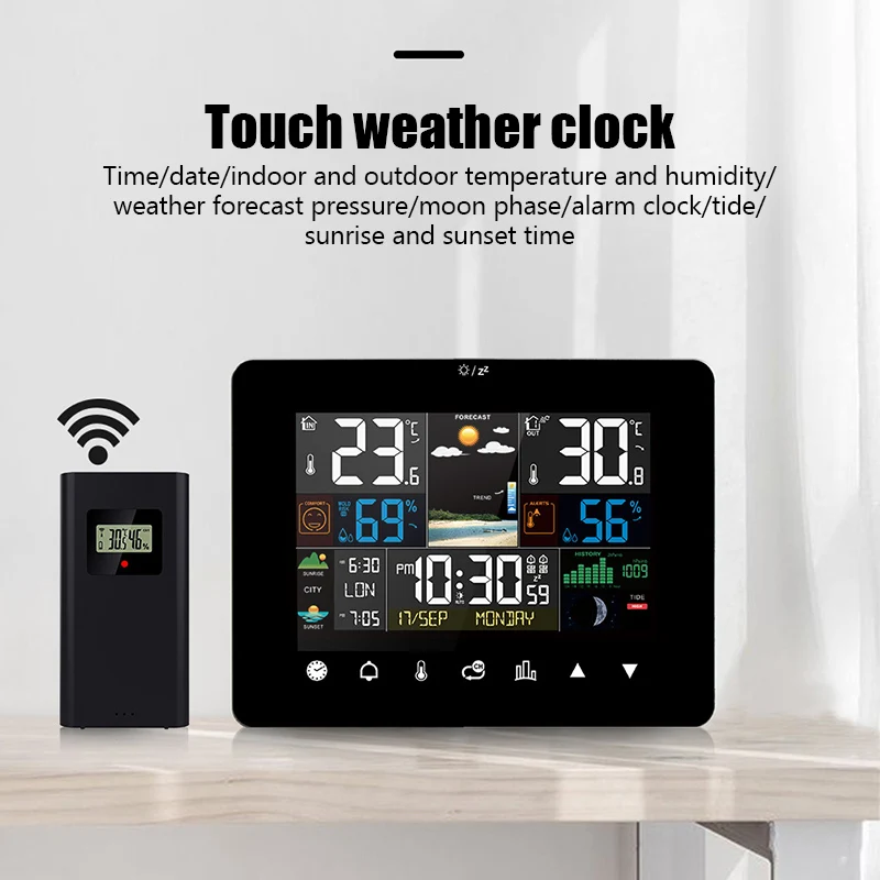 

Weather Station Wireless Indoor Outdoor Temperature Humidity Sensor with Sunrise and Sunset Forecast Alarm Clock Function