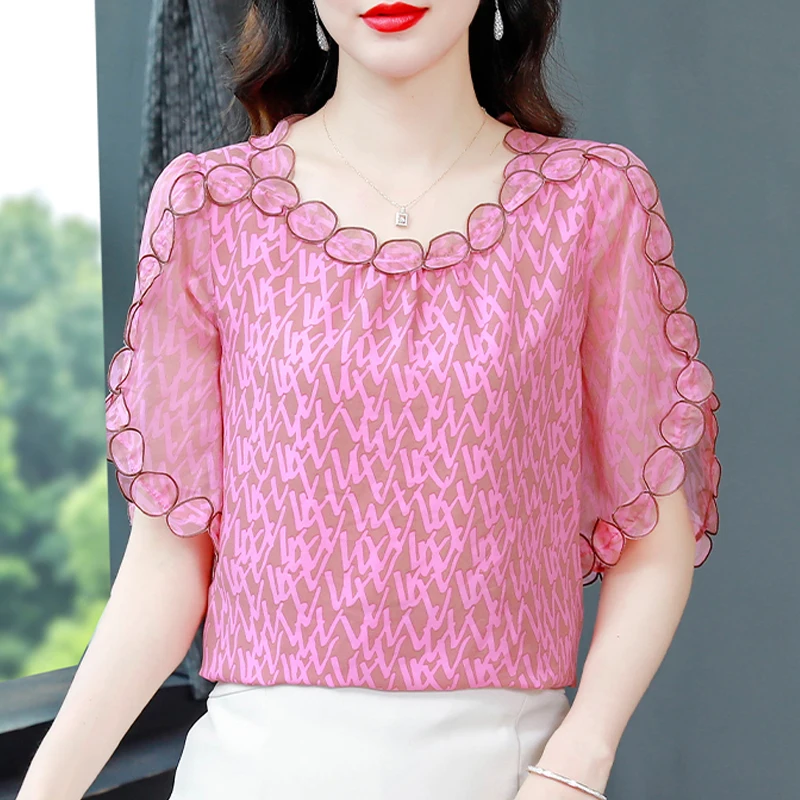 

Summer Clothing New Fashion Embroidery Splicing Tops Printed Chiffon Shirt Flying Short Sleeve Loose Women Blouse