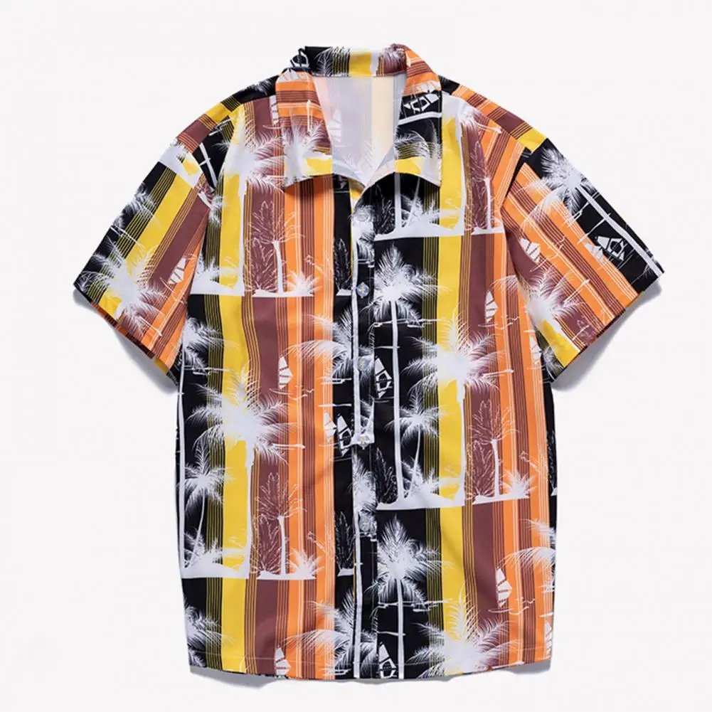 

Loose Men T-Shirt Leaf Pattern Single-breasted Fashion Print Summer Hawaiian Buttons Loose Lapel Shirt for Beachwear