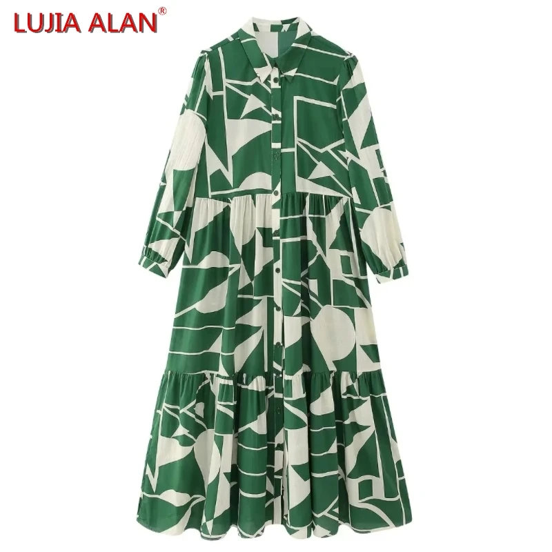 

Summer New Women Geometric Printed Tiered Ruffle Midi Dress Female Casual Nine Quarter Sleeve Loose Vestidos LUJIA ALAN WD2726