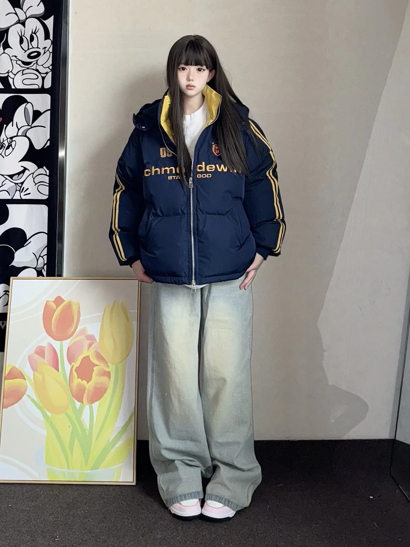 Темно-синяя полосатая одежда с капюшоном на хлопковой подкладке женская зимняя