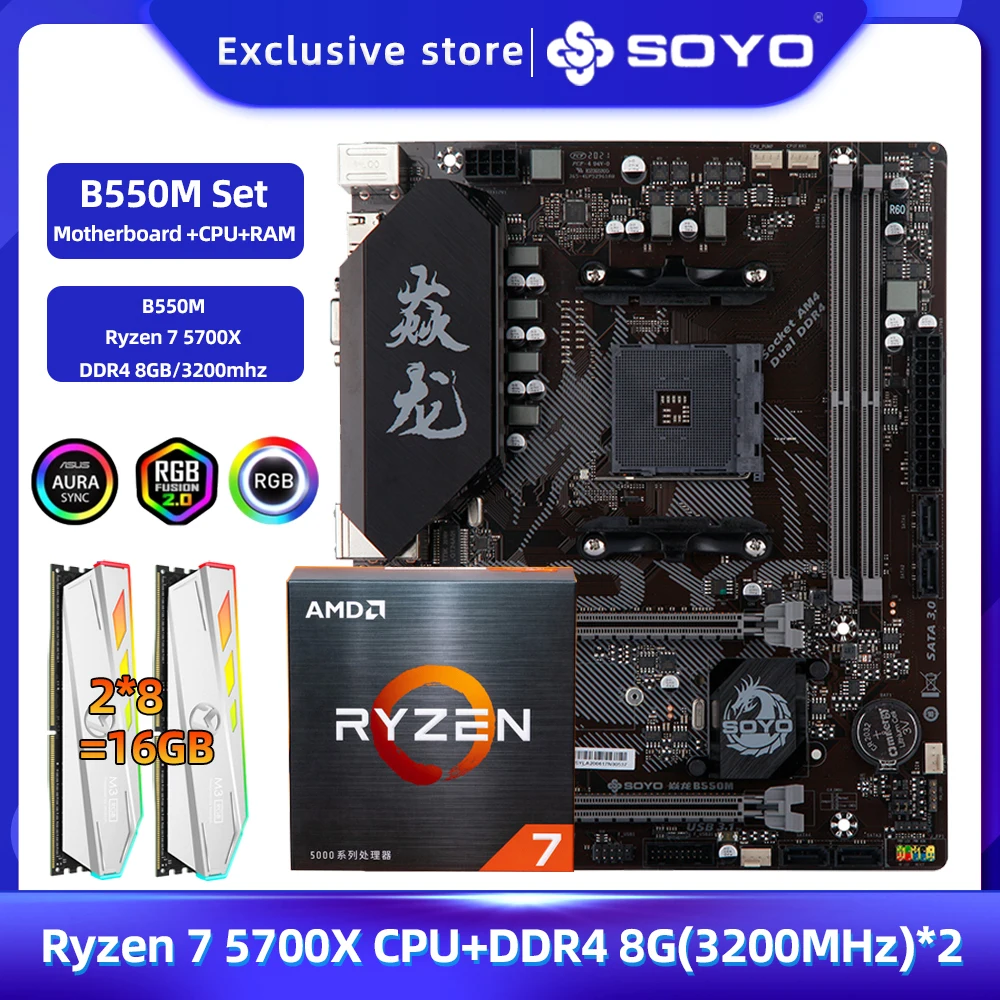 SOYO Dragon B550M with Ryzen 7 5700X CPU 3.4 ghz oito-núcleo 16-thread Processor Motherboard Set & RGB RAM DDR4 8GBx2 3200MHz