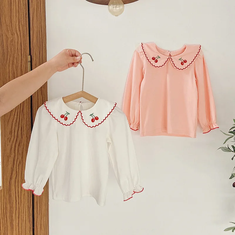 

2022 Autumn New All-match Doll Collar Cherry Embroidered Girls Bottom Shirt Korean Long Sleeve Kids T-shirt Baby Tops 18M-8T