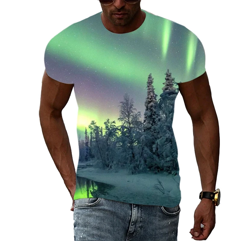 

Summer Galaxy Tshirt 3D Men Print Aurora Graphic T Shirts Fashion Colorful Casual T-shirt Natural Landscape Pattern Short Sleeve