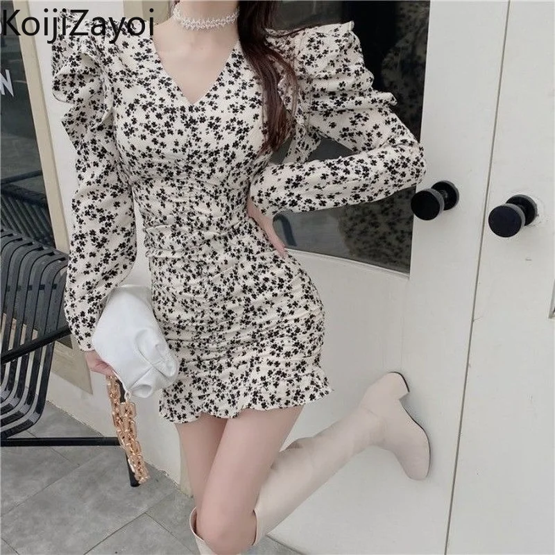 

Koijizayoi Vintage Women Bodycon Mini Short Dress Puff Long Sleeves V Neck Fashion Springa Dresses Lady Slim 2022 Chic Vestidos