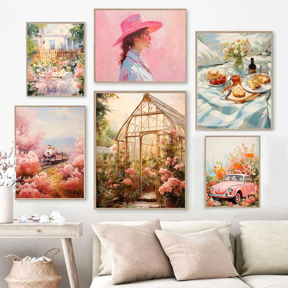 Картина на холсте с изображением колеса обозрения розового поезда пасторального