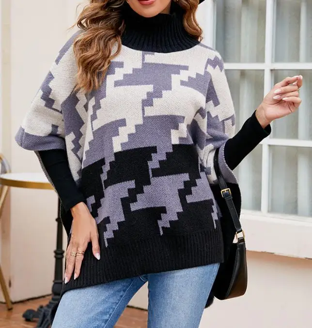 

Long-Sleeved Thick Pullover 2023 Autumn Winter Women's Cape Sweater Contrasting Color Fur Ball Warm High-Necked Shawl Cape