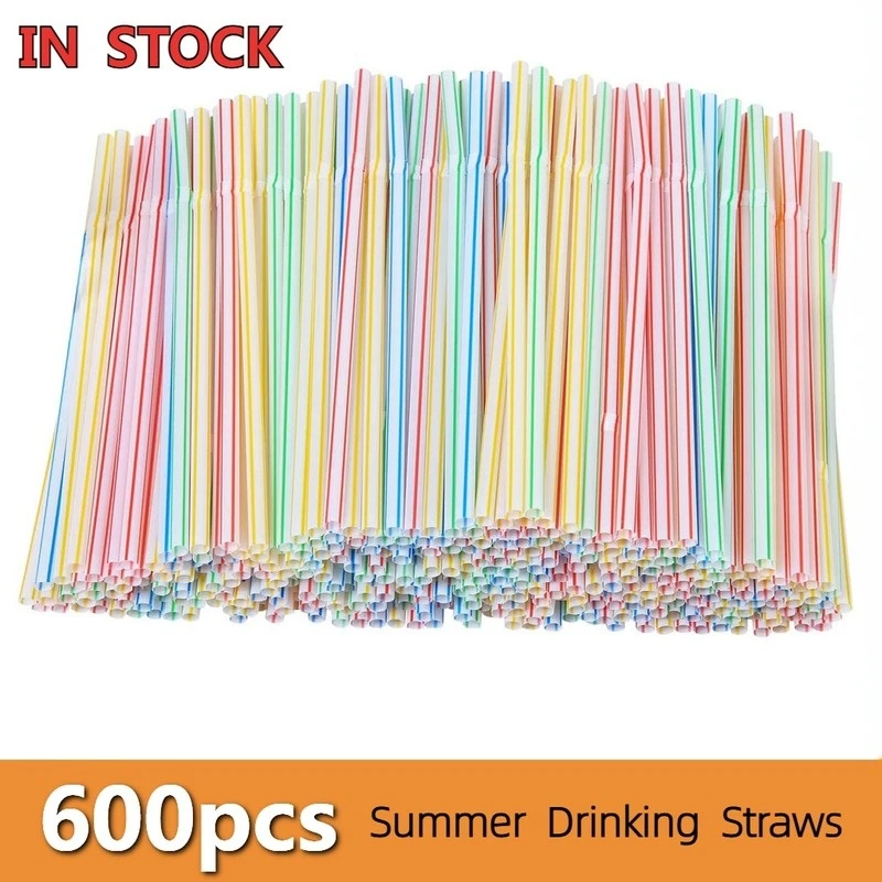 

600 Pcs Disposable Elbow Plastic Straws For Kitchenware Bar Party Event Alike Supplies Striped Bendable Cocktail Drinking Straws