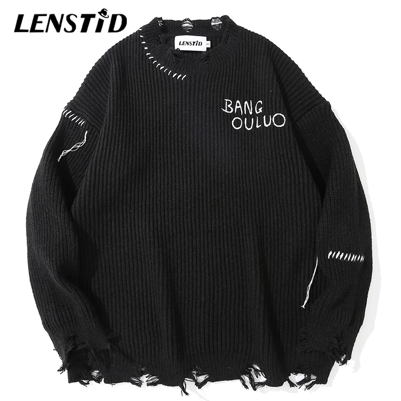 

LENSTID Men Hip Hop Knitted Jumper Sweaters Destroy Ripped Striped 2022 Streetwear Harajuku Autumn New Oversize Casual Pullovers