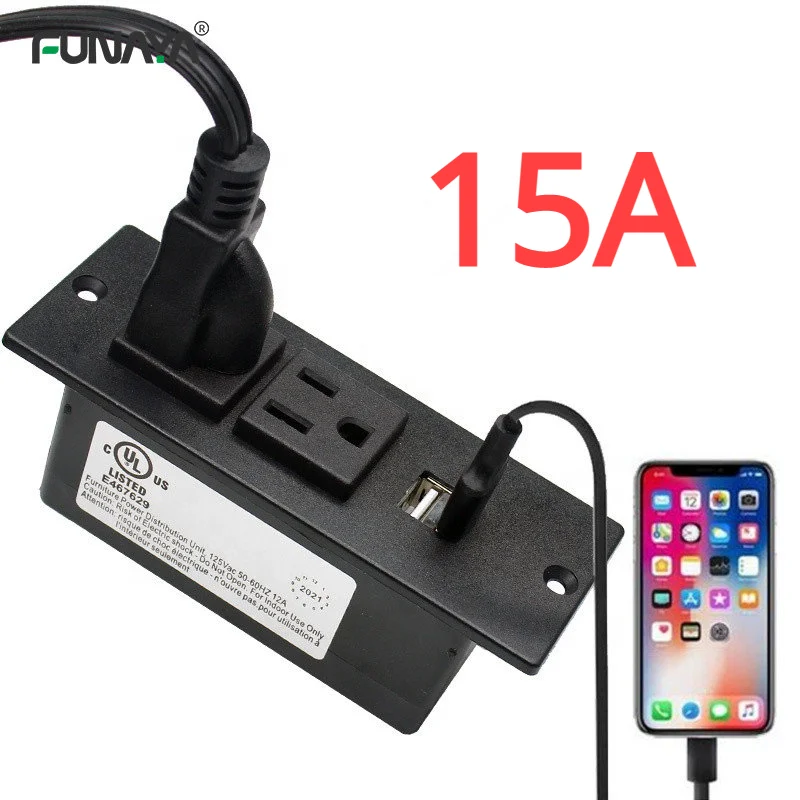 

UL 15A Table Sockets Power Strip Desk Furniture with 2 Outlets 2 3 USB Ports 2.1A AC 110V 220V Black Hidden 2m Strip Socket