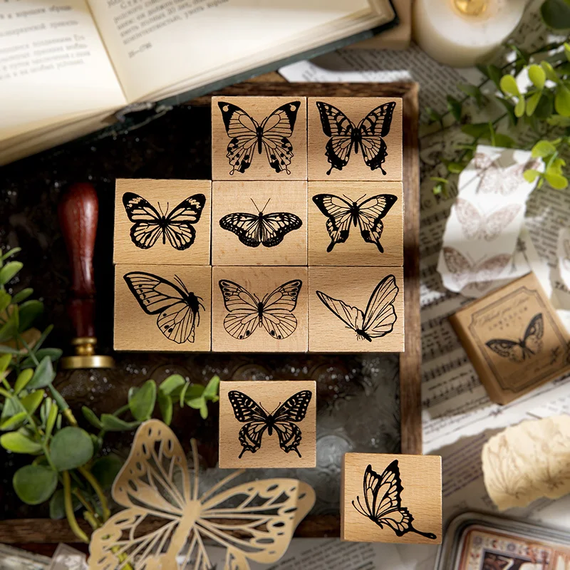 Yoofun Vintage Butterfly Wood Stamp Standard Retro Stamp for Scrapbooking Journal Diary Decor Stationery