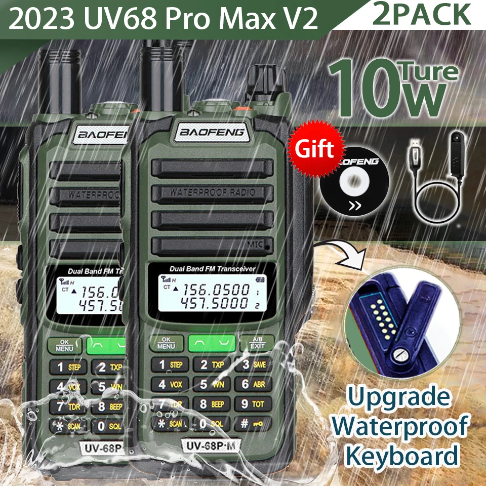 2023 2Pcs Baofeng UV68 ProMAX V2 10W 711 Antenna True IP68 Waterproof Walkie Talkie Type-C Charger Two Way Radio Upgrade UV9R