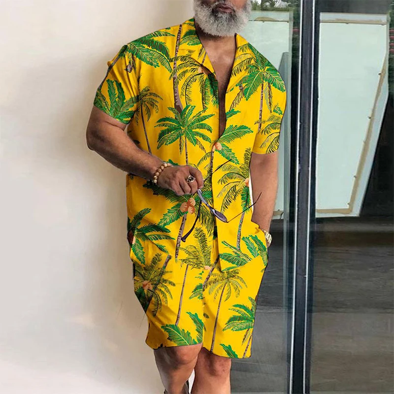 New Summer Hawaiian Printed Men Suit Fashion Lapel Shirt And Shorts Two Piece Sets 2023 Casual Loose Man Beach Outfits Clothes