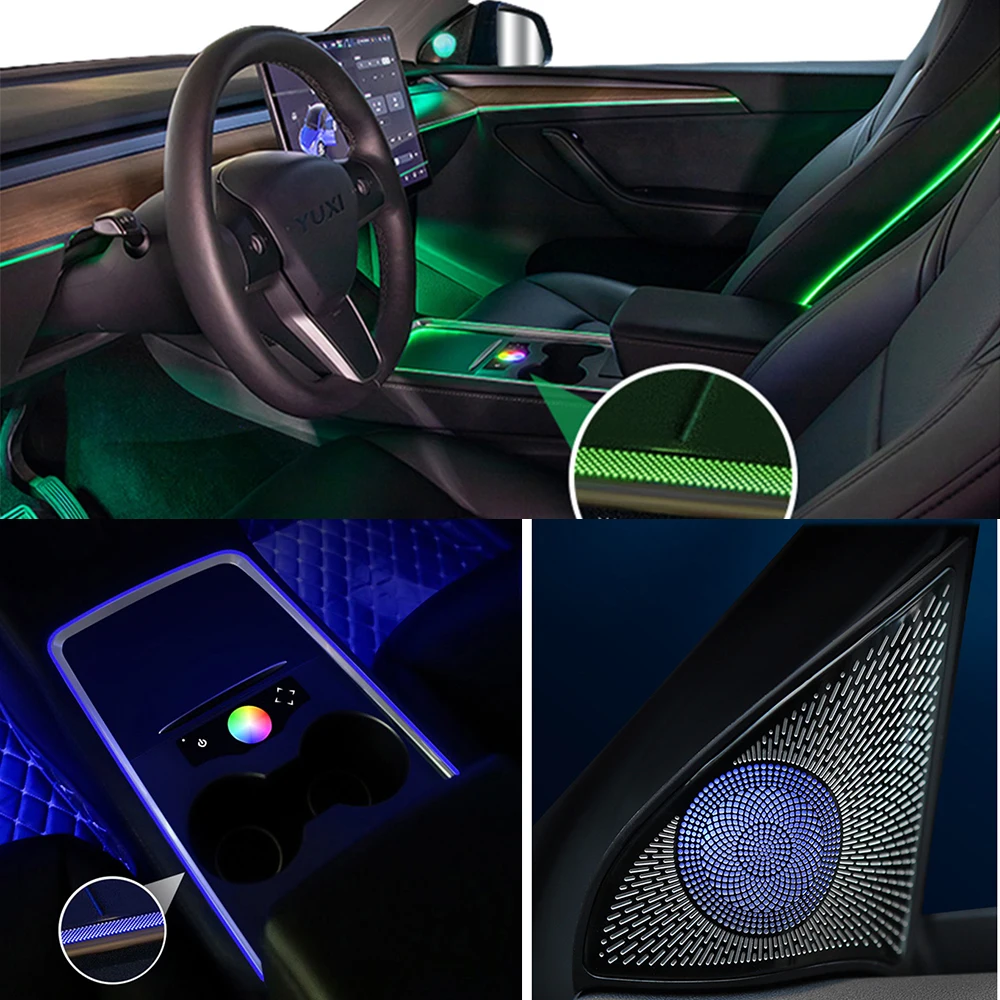 128 Colors Car Interior Ambient Light For Tesla ModelY Model 3 2021 2022 Speaker Decorate Neon Lamp Touch Control Center Pillar