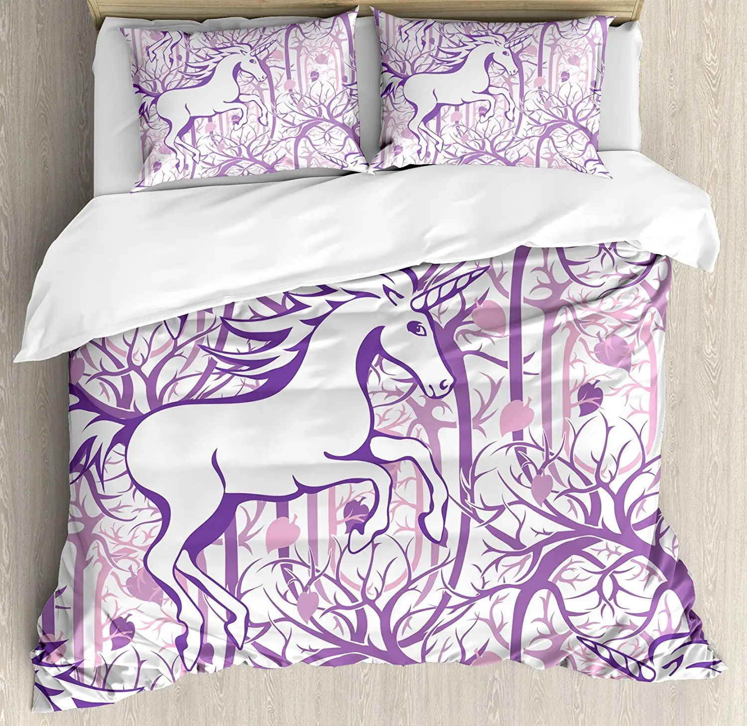 

Unicorn Bedding Set For Bedroom Bed Home Unicorn Galloping on Curved Swirled Tree Branche Duvet Cover Quilt Cover And Pillowcase