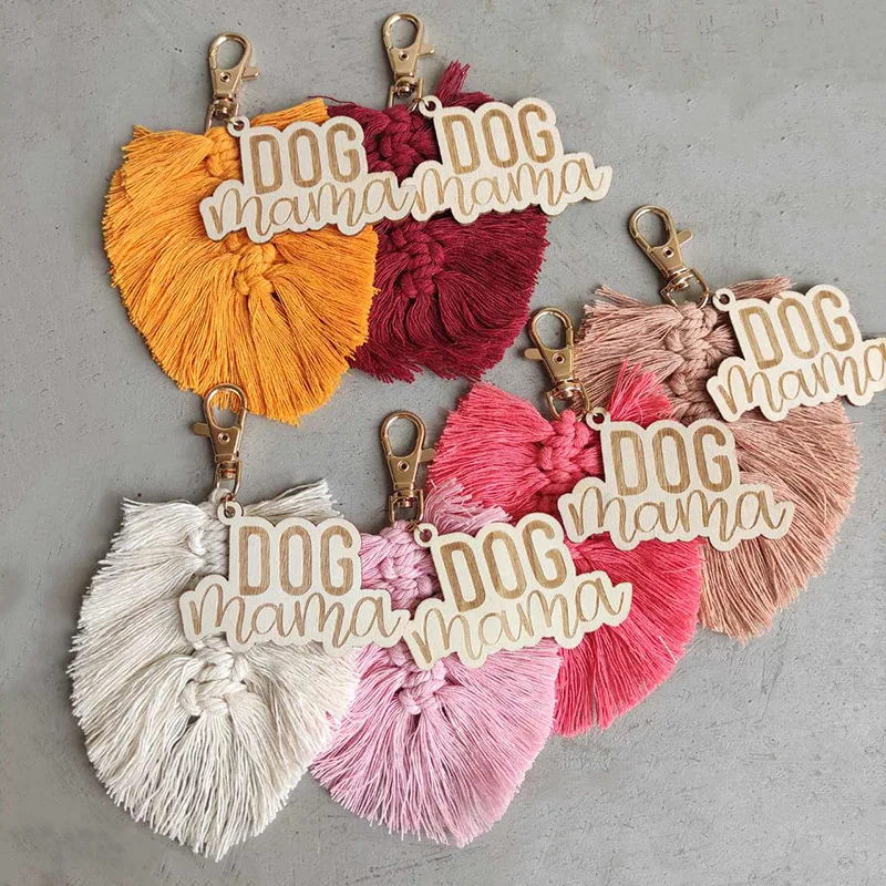 

Boho Macrame Tassel Dog MAMA Keychain Engraved Wood Mom Keychain Bag Charm Mommy Mother’s Day Gift for Mom Jewelry