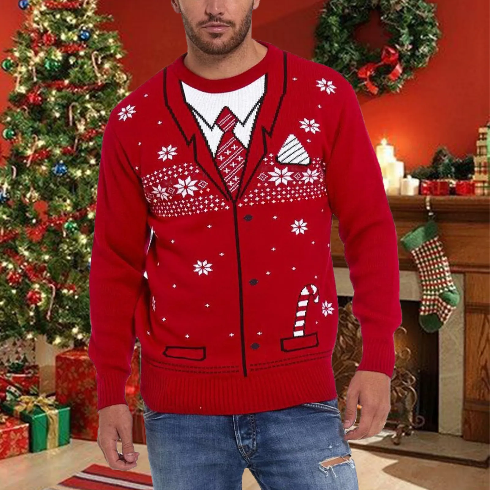 

Male Christmas Sweater Fall And Winter Round Neck Long Sleeve Knitted Wool Top Knitting Pullovers Outerwear Jersey