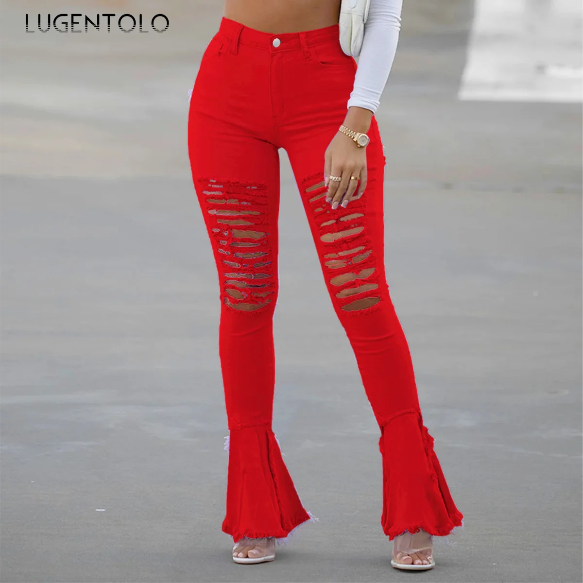 

Women Trend Jeans Skinny Personality Street Ripped Hole Casual Flare Pants Red Female High Waist Long Jeans
