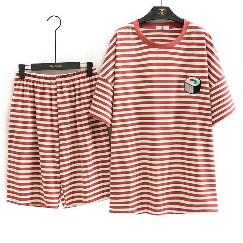 

Summer Pajamas Set for Women, Short Sleeve and Shorts, Striped Cartoon, Ladies' Bedroom Clothes, Korean Lounge, Dropshipping