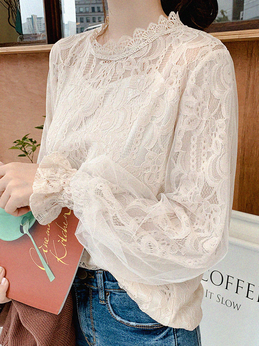 

Женская кружевная блузка в стиле пэчворк, Весенняя Длинная блузка с оборками и длинным рукавом, винтажные элегантные женские рубашки, 2022