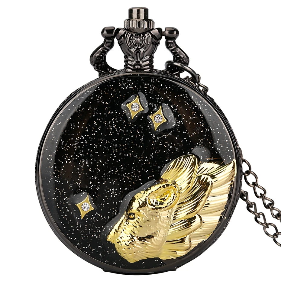 

Diamond-encrusted Necklace Black Starry Sky Gold Lion Head Relief Art Design Steampunk Quartz Pocket Watch Fashion Pocket Watch