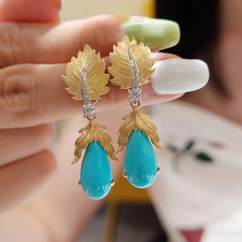 

Bohemian Vintage Gold Color Leaves Turquoises Blue Stone Drop Dangle Earrings Tribal Jewelry Peculiar Delicate Women's Earring