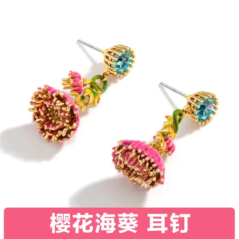

New Sea Anemone Silver Needle Earrings Hand-painted Enamel Colored Pink Flower Earrings Without Ear Holes Ear Clip Female