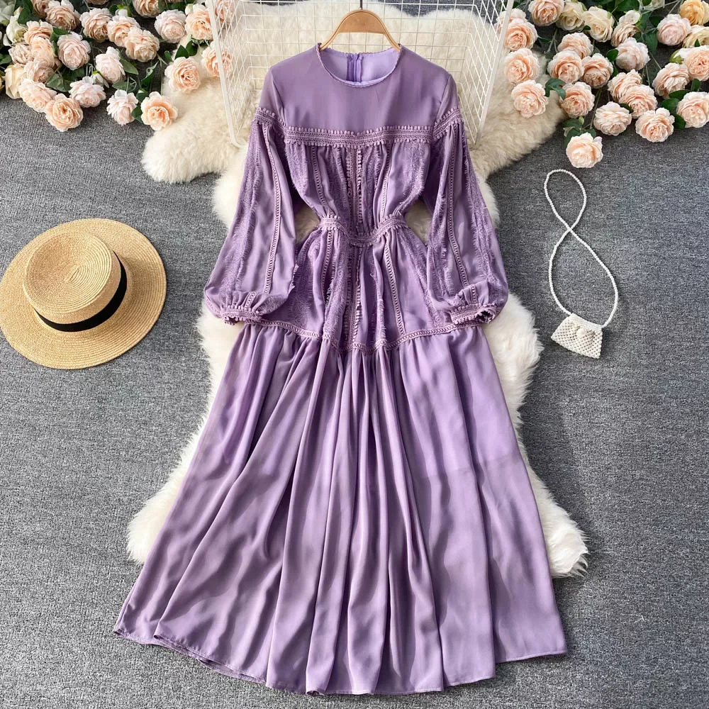 

Yellow/Purple/Green Lace Patchwork Long Dress Women Spring Autumn Elegant Round Neck Puff Sleeve High Waist A-Line Party Vestido