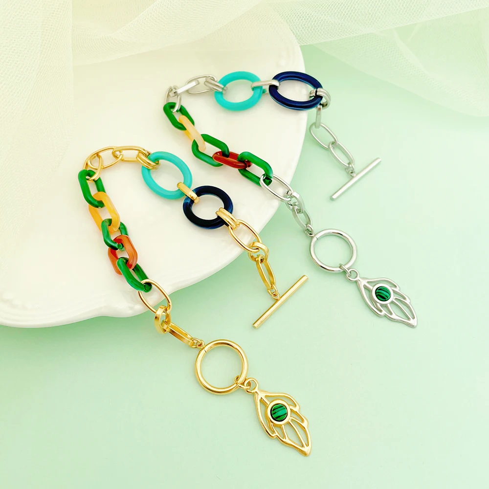 

New Fashion Bracelets For Women 2022 Leave Shape Metal Colorful Acrylic Chain Bracelet Unique Trending Jewelry Party Gift