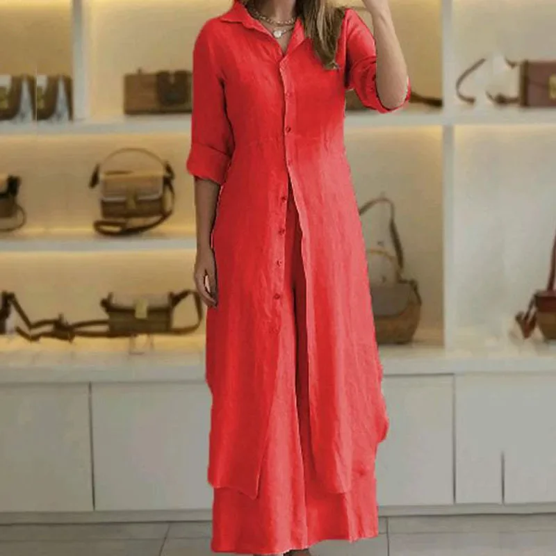 Женский брючный костюм из 2 предметов повседневный элегантный хлопка и льна на