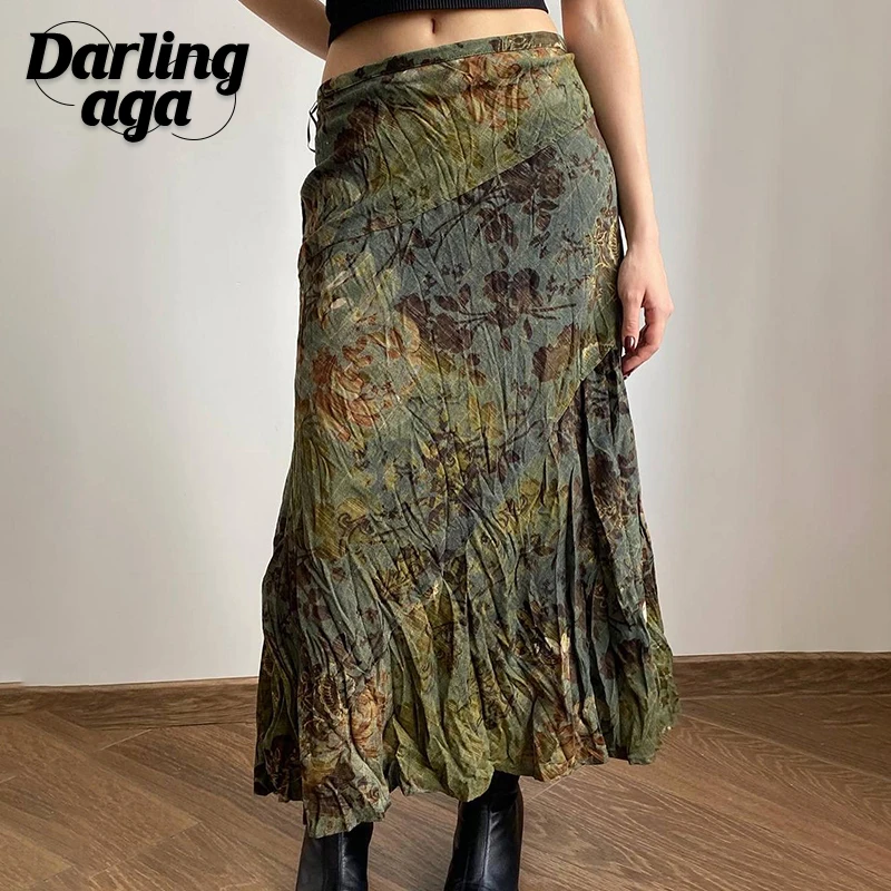 

Darlingaga Fairycore Vintage Fold Maxi Skirt Women Graphic Printed Boho Y2K Shirred Long Skirts Grunge Aesthetic Loose Vacation