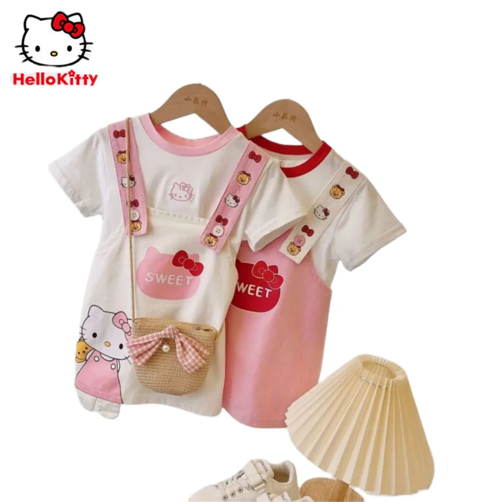 Sanrios Anime Kawaii hellokittys girl summer suit children pure cotton Short sleeve T-shirt Strap skirt  Princess Dress Gifts