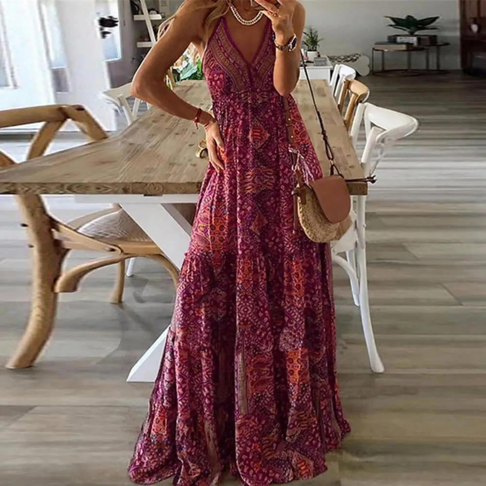 

Summer Dress Vintage Dress for Beach Backless Sleeveless Print Spaghetti Strap Bohemian Deep V Neck for Beach