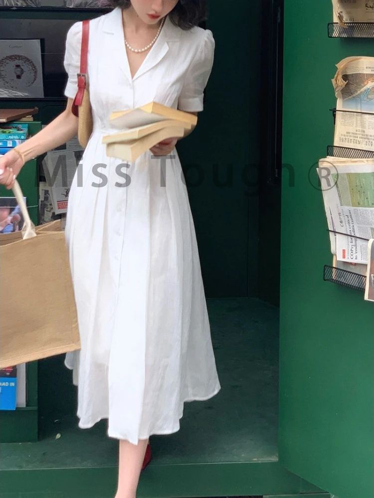 

White Vintage Elegant One-piece Dress Women Casual Retro France Office Style Split Dresses Korean Fashion Chic Dress Summer 2022