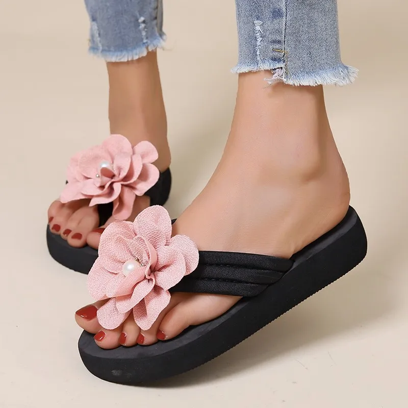 

Женские нескользящие шлепанцы, на платформе, с открытым цветочным принтом, на среднем каблуке, 2023