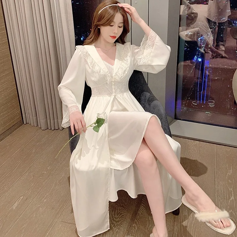 Summer New French Satin Women's Robe Set Sexy Lace Sling Sleepwear Exquisite Bead Nightgown Long Bathrobes Female Home Wear