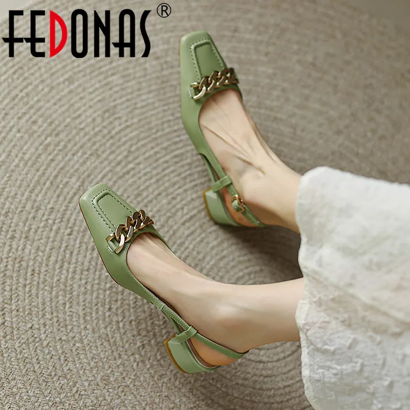 

FEDONAS Fashion Retro Square Toe Women Sandals Thick Heels Chains Genuine Leather Mature Office Lady Shoes Woman Spring Summer