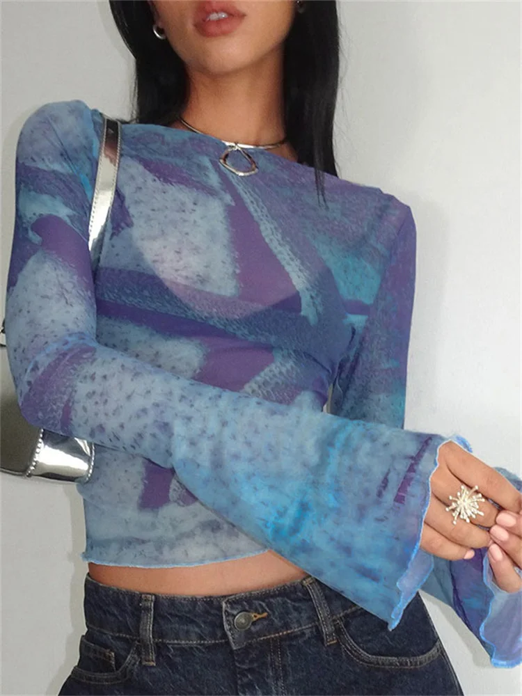 

Zabrina Sexy Print Mesh Crop Top For Women Flare Sleeve Pullover Tee Fashion 2023 New Ruffled High Waist Contrast Y2K Clothing