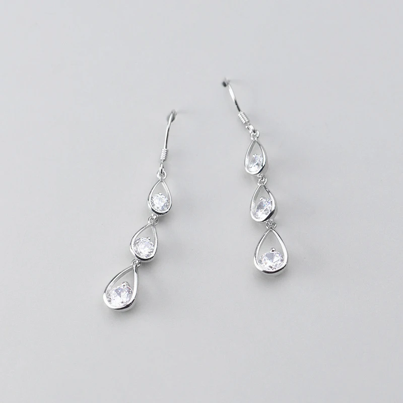 Real 925 Sterling Silver Hollow Teardrop with Zircon Long Drop Earrings Fine Jewelry for Women