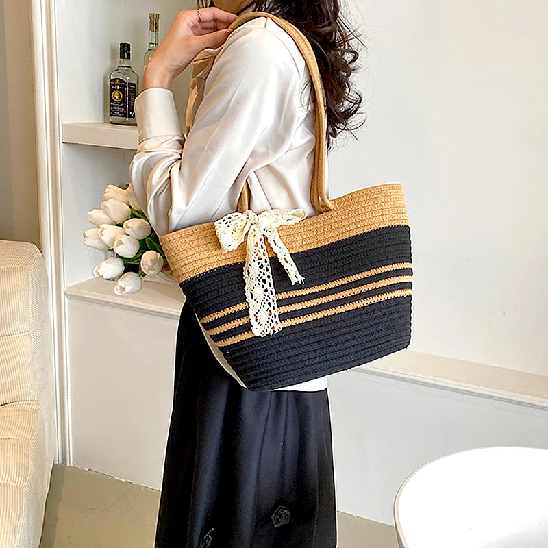 Straw Woven Tote Bags Summer Casual Large Capacity Handbags Fashion Beach Bucket Bags with Bowknot Shoulder Simple Shopping Bags