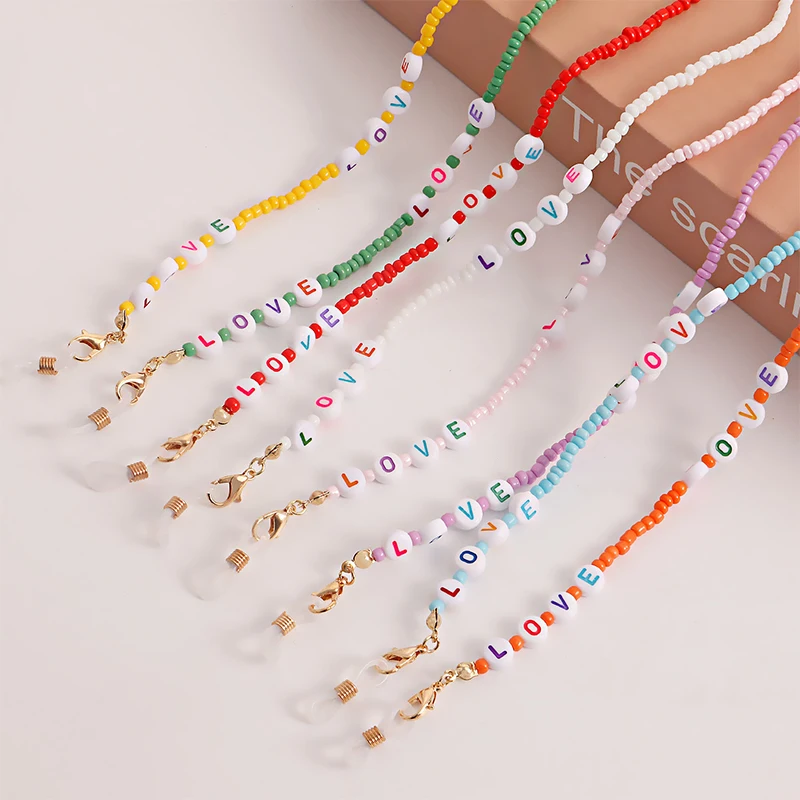 

Cute LOVE Beaded Hang Mask Chains Holder for Girls BoysColorful Necklace Glasses Cord Lanyard Children Student Neck Rope Straps