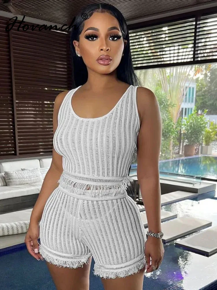 

Однотонные шорты Hovanch из двух частей, Женский пикантный топ с тонким плечевым ремнем и кисточками и шорты, пикантная уличная одежда из двух частей 2023