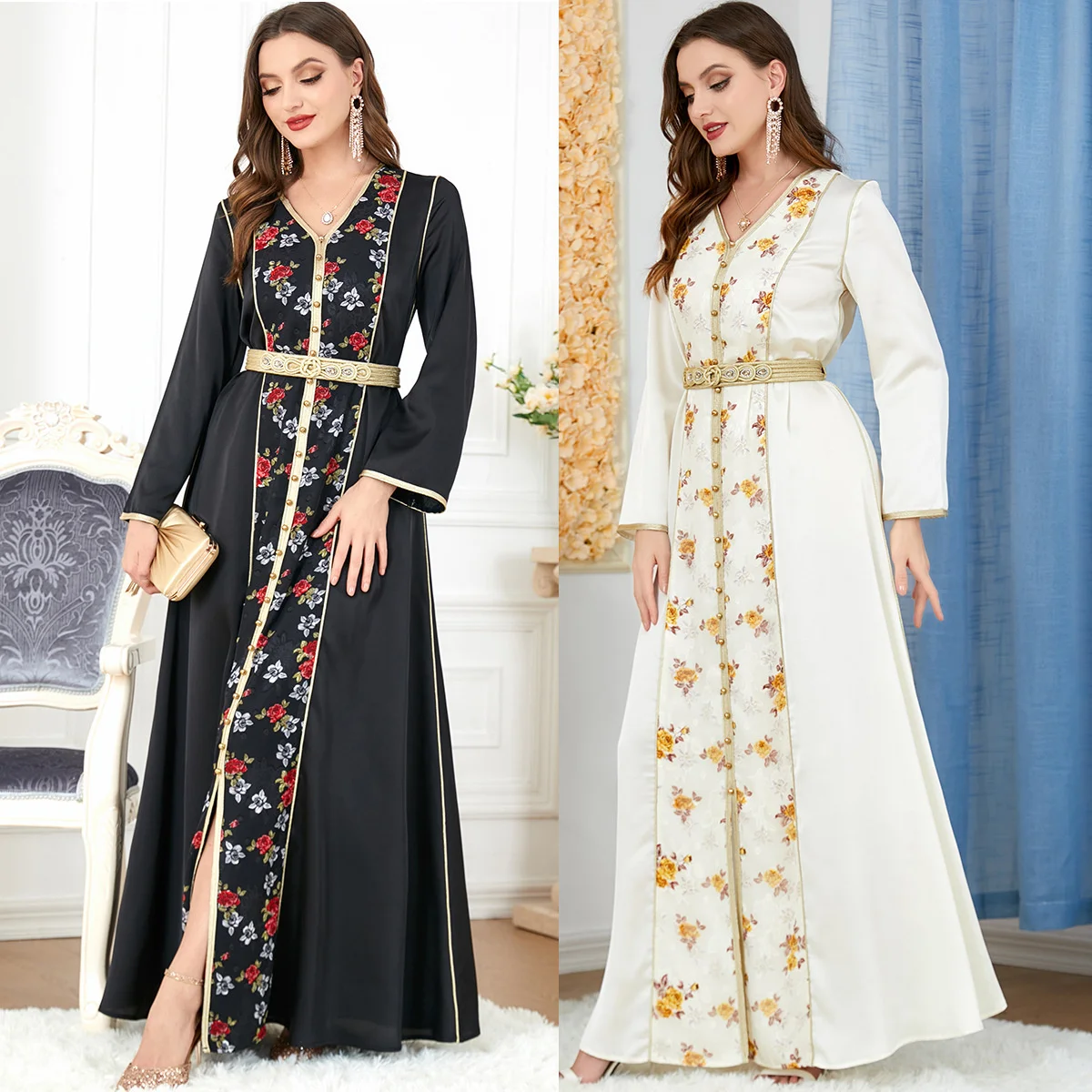 

Kaftan For Women Islamic Ramadan Muslin V-neck Women's Arabic Dress New V-neck Embroidered Long-sleeved Dress With Belt Abaya