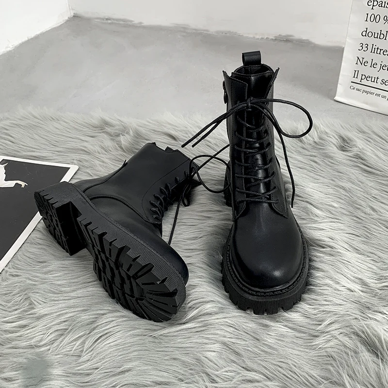 

Женские ботинки в стиле «лолита», осенние ботинки с круглым носком, женские резиновые ботинки на молнии, рок-стиль, до середины икры, на высоком каблуке, 2023