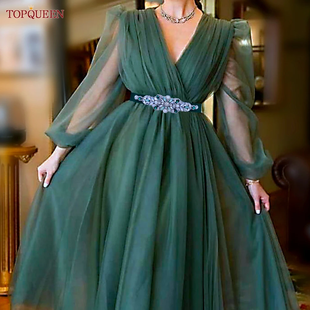 TOPQUEEN S443 Women Elastic Belt Bridal Fashion Green Rhinestone Party Evening Dresses Stretch Sash Wedding Accessory Waistband
